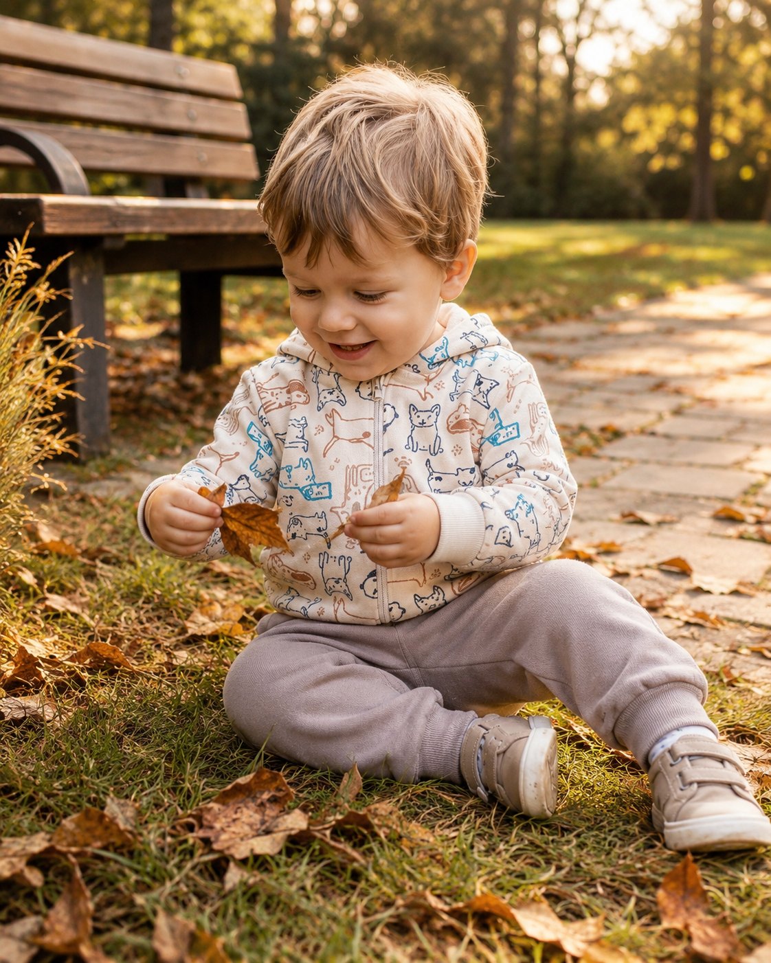 Bebê brincando com folhas no parque